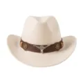 Chapeau de cowboy occidental classique pour hommes et femmes, fedora en feutre avec bande en cuir. - M (56-58cm) / Décor Tête de Taureau Beige