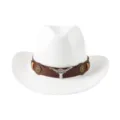 Vue détaillée chapeau cowboy western blanc, feutre avec ceinture cuir et décor taureau métal. - M (56-58cm) / Décor Tête de Taureau Blanc
