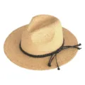Detail shot of straw hat with black braided leather band and tassel strings for summer vacation. - Black Leather Cord Ornament