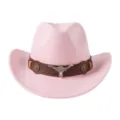 Détail de chapeau de cowboy occidental rose avec ceinture en cuir marron et crâne de taureau. - M (56-58cm) / Décor Tête de Taureau Rose Clair