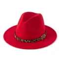 Sombrero fedora de lana roja con cinturón de leopardo y hebilla dorada, estilo retro. - M (56-58cm) / Rojo
