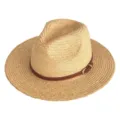Detailed view of the stylish summer straw panama hat featuring a chic brown leather belt. - Pleated Leather Belt Accent