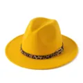 Sombrero fedora de lana amarilla con elegante cinturón de leopardo y hebilla, estilo jazz. - M (56-58cm) / Amarillo