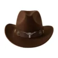 Détail de chapeau de cow-boy en feutre de laine marron, lanière en cuir et taureau. - M (56-58cm) / Décor Tête de Taureau Café