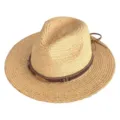 Detailed view of the raffia straw hat with brown leather band, feather and bead decoration. - Metal Leaf Decoration
