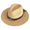 Close-up of raffia straw hat with braided leather band and turquoise stone detail. - Vintage Turquoise Hat Band