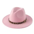 Sombrero fedora de lana rosa con cinturón de leopardo y hebilla para mujeres y hombres. - M (56-58cm) / Rosa
