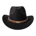 Détail du chapeau de cowboy en feutre noir, ceinture tressée rétro et pendentif plume. - M (56-58cm) / Décor de Feuille Noir