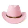 Chapeau cowboy feutre laine rose avec bande tissée marron et charme plume métal mode. - M (56-58cm) / Décor de Feuille Rose Clair