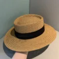 Chapeau de paille femme plat été plage chapeau rétro loisir large bord mode chapeau de soleil - M (56-58cm) / Khaki Avec Ruban Noir