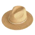 Detailed view of summer straw hat with pearl band, perfect beach sun protection fedora. - One Row Artificial Pearl Decor