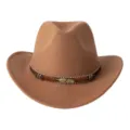 Chapeau fedora en laine marron rétro, style cowboy occidental avec ceinture en métal. - M (56-58cm) / Décor de Feuille Brun