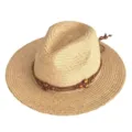 Detailed view of summer straw sun hat with woven raffia texture and brown beaded band. - Retro Beaded Ornament