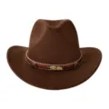 Chapeau de cowboy western en feutre marron avec une bande de perles et plume métallique. - M (56-58cm) / Décor de Feuille Café