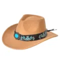 Chapeau de cowboy western en laine avec bande de cuir brodée et boucle turquoise. - M (56-58cm) / Chameau