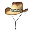 Gros plan détaillé du chapeau de cowboy en paille rétro avec son bandeau en cuir orné de pierres. - M (56-58cm) / Beige