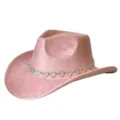 Pink suede western cowboy hat detail showing rhinestone heart band and wide brim style. - Pink / M (56-58cm)