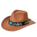 Chapeau de cowboy western en feutre de laine marron avec bande en cuir brodé et boucle. - M (56-58cm) / Khaki