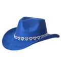 Detailed view of a gorgeous blue suede cowboy hat with sparkling rhinestone heart chain. - Sapphire Blue / M (56-58cm)