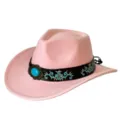 Chapeau de cowboy western rose avec bande brodée noire et boucle turquoise variante. - M (56-58cm) / Rose