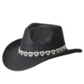 Detailed view of black suede cowboy hat with sparkling rhinestone heart chain for party wear. - Black / M (56-58cm)