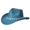Teal suede cowboy hat featuring a sparkling rhinestone heart chain band for party and fashion wear. - Teal / M (56-58cm)