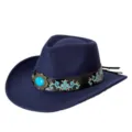 Chapeau de cowboy occidental en laine bleu marine avec ceinture brodée et boucle turquoise. - M (56-58cm) / Bleu marine
