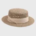 Classic women straw hat with ribbon detail, retro flat top summer beach sun hat. - M (56-58cm) / Beige Ribbon + Flat Top Straw Hat