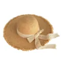 Chapeau de paille femme large bord ete plage raffia chapeau de soleil avec noeud de dentelle - M (56-58cm) / Nœud en Dentelle Blanche