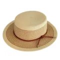 Stylish flat top straw sun hat with contrast brown stripes and leather strap detail for summer beach. - M (56-58cm) / Beige