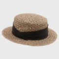Detailed view of women's vintage flat top straw hat with black ribbon for beach summer vacation. - M (56-58cm) / Black Ribbon + Flat Top Straw Hat