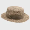 Detailed view of the woven straw hat texture, showing fine flat top and fabric band. - M (56-58cm) / Army Green Ribbon + Flat Top Straw Hat