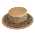 Detail view of the stylish women's straw flat top hat with contrast stripes and leather cord. - M (56-58cm) / Khaki