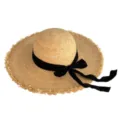 Détail chapeau de paille, large bord effiloché avec nœud ruban noir, style plage été. - M (56-58cm) / Nœud Noir