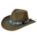 Chapeau de cowboy occidental en feutre de laine rétro avec bande brodée turquoise. - M (56-58cm) / Vert Militaire