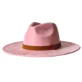 Détail de chapeau fedora en suédine rose montrant la couronne et la bande en cuir. - M (56-58cm) / Rose