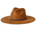 Chapeau fedora en suédine marron à large bord et bande à motif géométrique pour style rétro chic. - M (56-58cm) / Couleur caramel