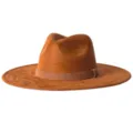 Vue détaillée du chapeau fedora marron en daim vintage, avec un large bord et une couronne classique. - M (56-58cm) / Couleur caramel