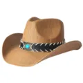 Western straw cowboy hat with wide brim, black leather band and turquoise accent detail. - M (56-58cm) / Khaki Plain Version
