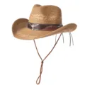 Chapeau de cowboy en paille vintage avec détail de crâne de taureau en métal et mentonnière. - M (56-58cm) / Bloc de Couleur Tête de Taureau-Khaki