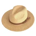 Close-up of the fine raffia straw texture and brown suede hat band detail with metal buckle. - Brown Leather Belt Accent