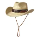 Chapeau de cowboy en paille rétro avec bande en cuir marron et accent de tête de taureau pour le soleil. - M (56-58cm) / Bloc de Couleur Tête de Taureau-Beige