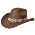 Chapeau de cowboy en suédine marron avec bande de strass brillants, parfait pour fête et style. - M (56-58cm) / Café