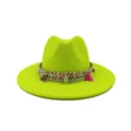 Chapeau Fedora vert néon avec bande tissée ethnique coquillages et glands pour femmes - M (56-58cm) / Jaune Néon