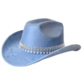 Chapeau de cowboy en daim bleu avec chaîne en strass Fedora occidental fête mariage scène - M (56-58cm) / Bleu clair