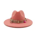 Chapeau fedora en feutre rose boho, chapeau jazz à bord plat avec bande coquillage femme chic. - M (56-58cm) / Rose racine de lotus