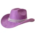 Chapeau de Cowboy Western en Daim Violet avec Garniture Strass pour Fête et Scène - M (56-58cm) / Violet Foncé