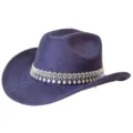 Chapeau de cowboy occidental en daim avec des strass fedora de fete et de scene - M (56-58cm) / Bleu marine