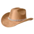Brauner Wildleder Western Cowboyhut mit funkelndem Strassband für Outdoor und Partys. - M (56-58cm) / Khaki