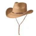Chapeau de cowboy en paille pour voyage d'été en plein air, chapeau de plage anti-soleil à large. - M (56-58cm) / Ceinture à Rivets-Khaki
